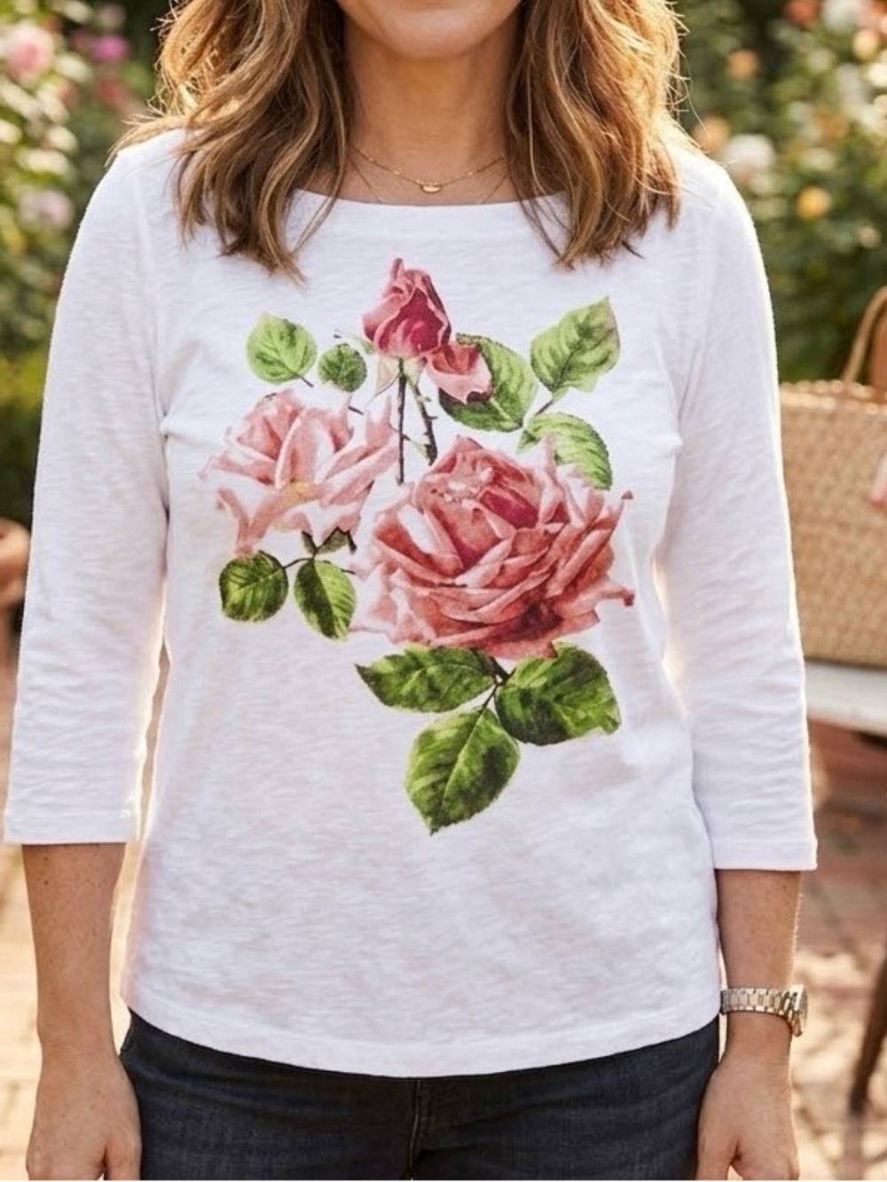 LOFT White Floral Rose 3/4 Sleeve Top